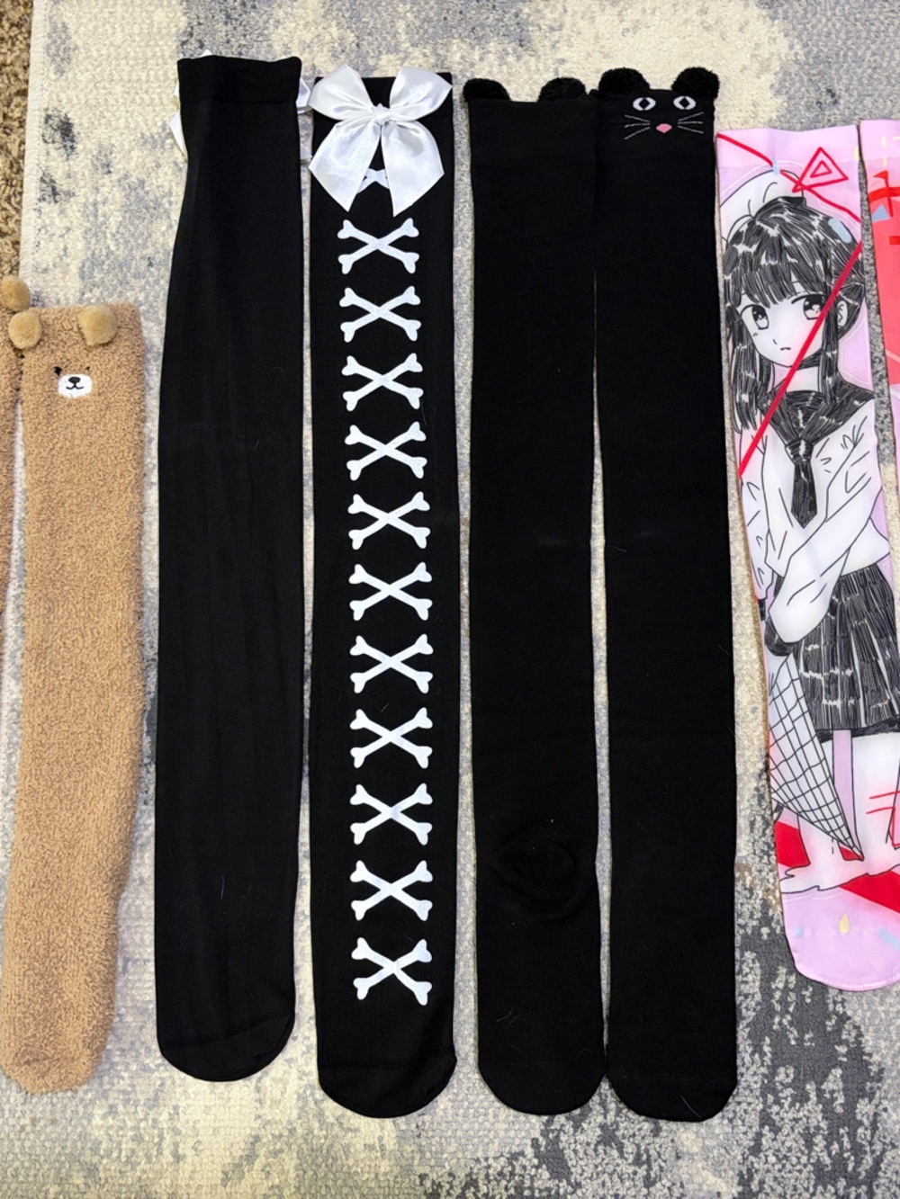 Novelty Knee-High Socks Pack — Black & Tan Cute Cat and Bow Designs